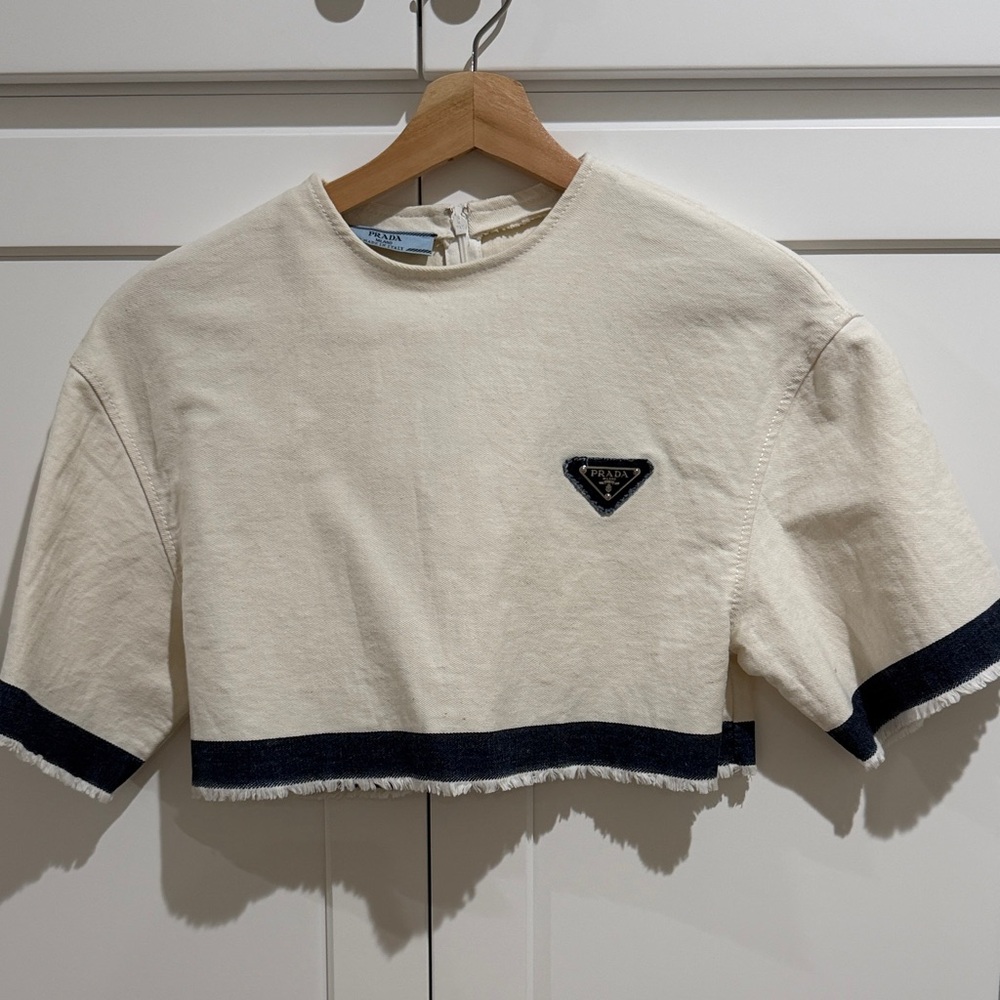 Prada Cream and Denim Designer Crop Top - Picture 2 of 6